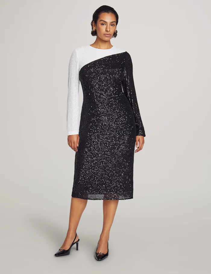 Anne Klein Color Blocked Sequin Midi Dress Anne Black Women Clothing