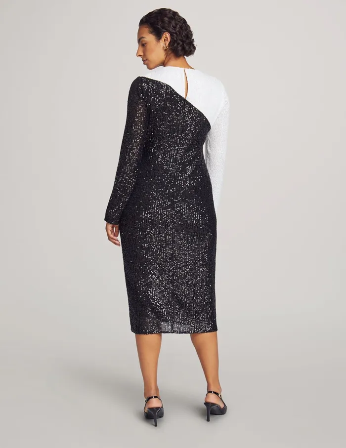 Anne Klein Color Blocked Sequin Midi Dress Anne Black Women Clothing