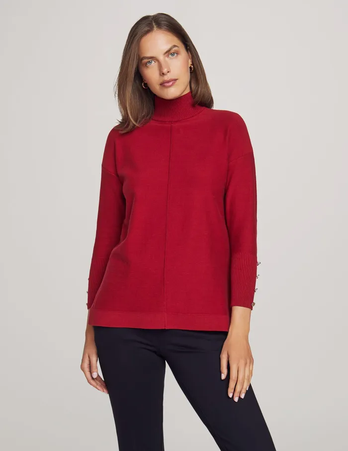 Anne Klein Mock Neck Long Sleeve Sweater With Buttons Titian Red Women Clothing