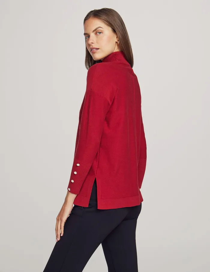Anne Klein Mock Neck Long Sleeve Sweater With Buttons Titian Red Women Clothing