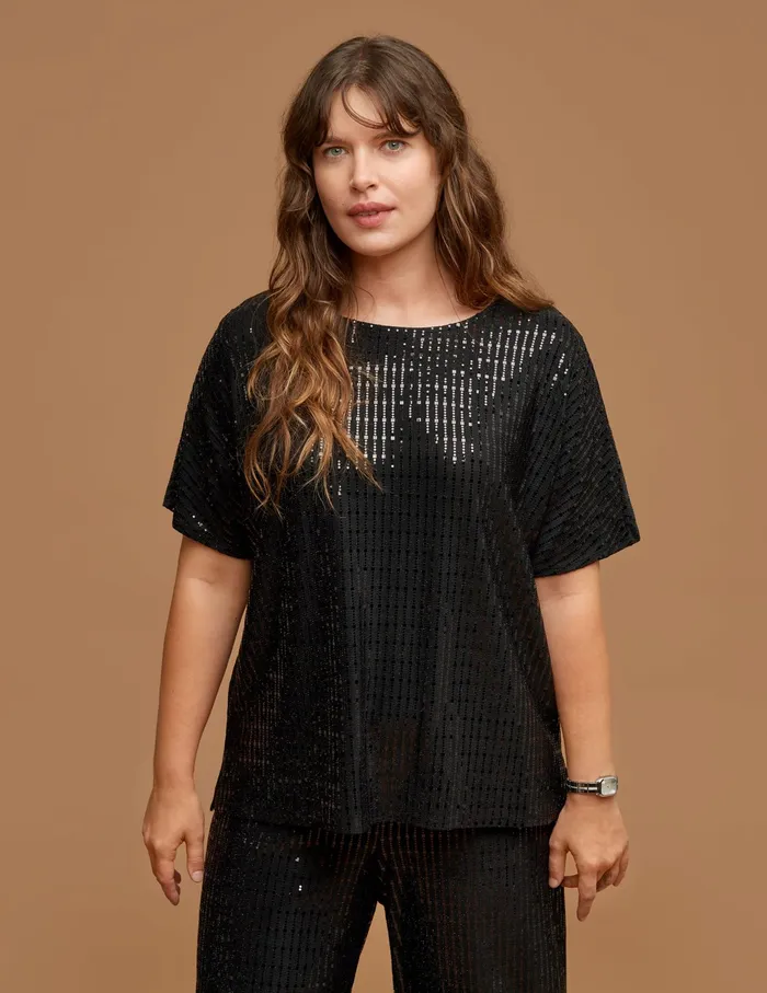 Anne Klein Plus Size Linear Shine Bateau Neck Tee Anne Black Women Clothing