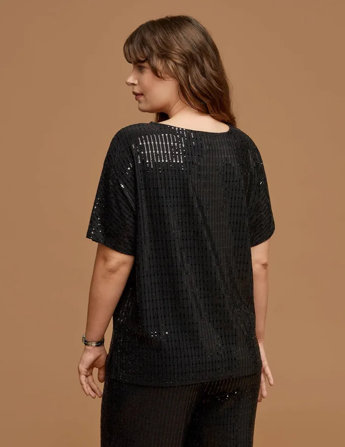Anne Klein Plus Size Linear Shine Bateau Neck Tee Anne Black Women Clothing