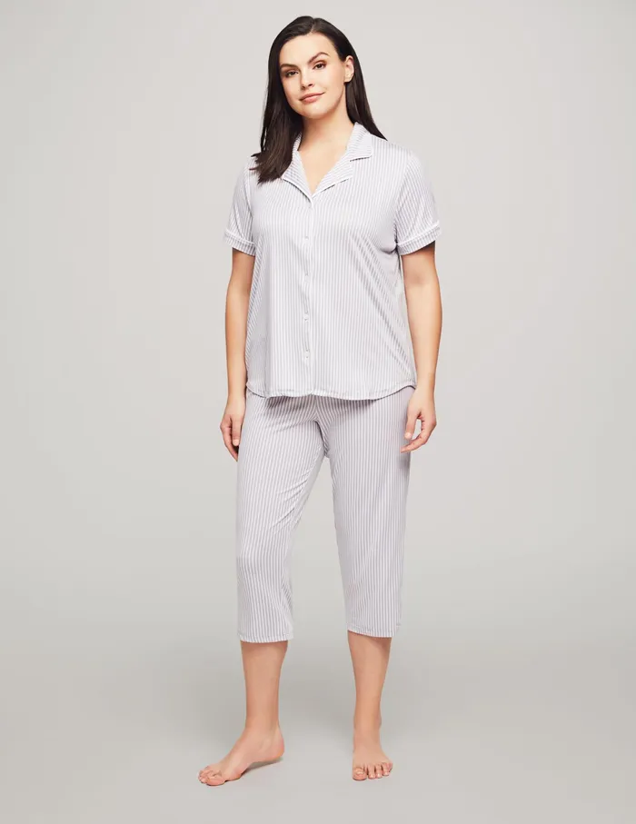 Anne Klein Short Sleeve Capri Pajama Set Grey Stripe Women Clothing