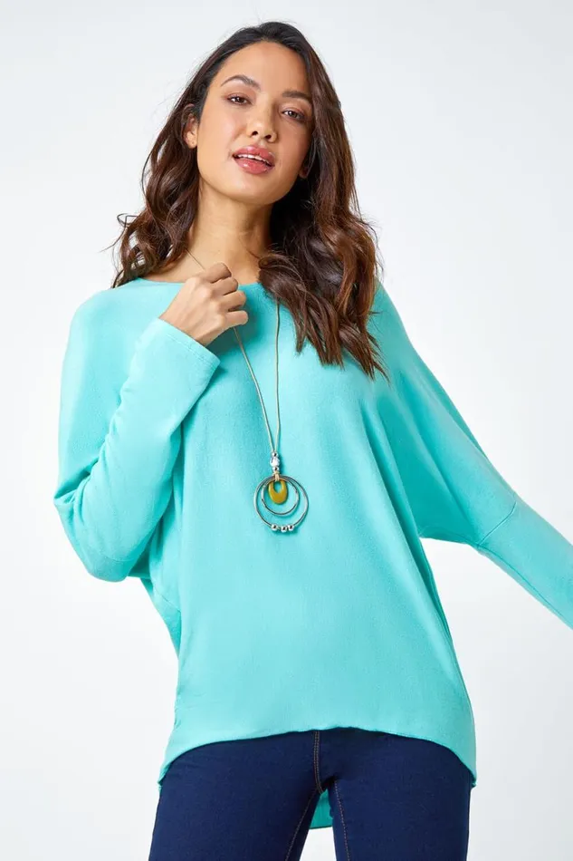 Aqua Necklace Detail Stretch Knit Top Women Roman Tops