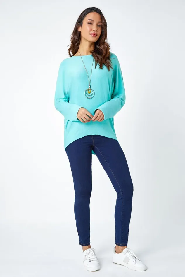 Aqua Necklace Detail Stretch Knit Top Women Roman Tops