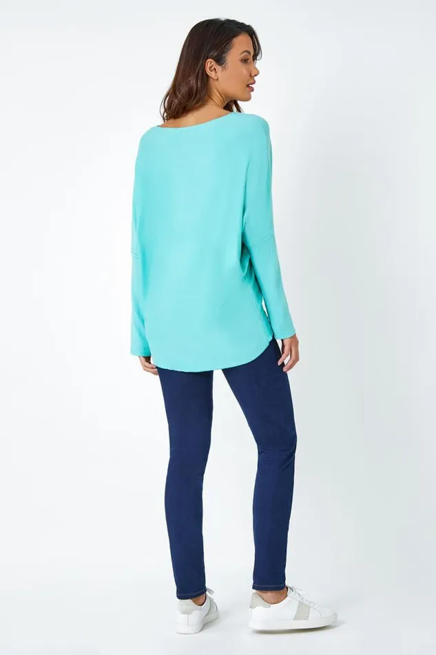Aqua Necklace Detail Stretch Knit Top Women Roman Tops