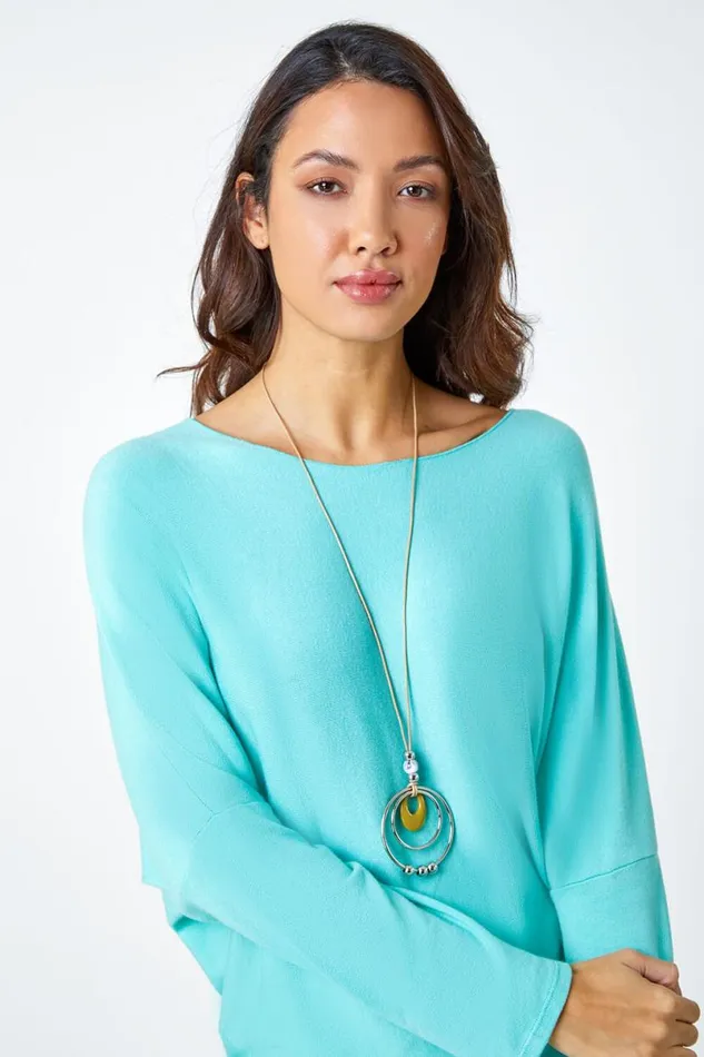 Aqua Necklace Detail Stretch Knit Top Women Roman Tops