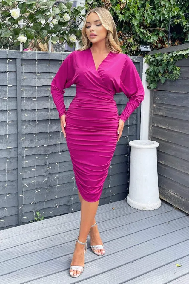 AX Paris Berry Ruched Wrap Top Midi Dress Dresses