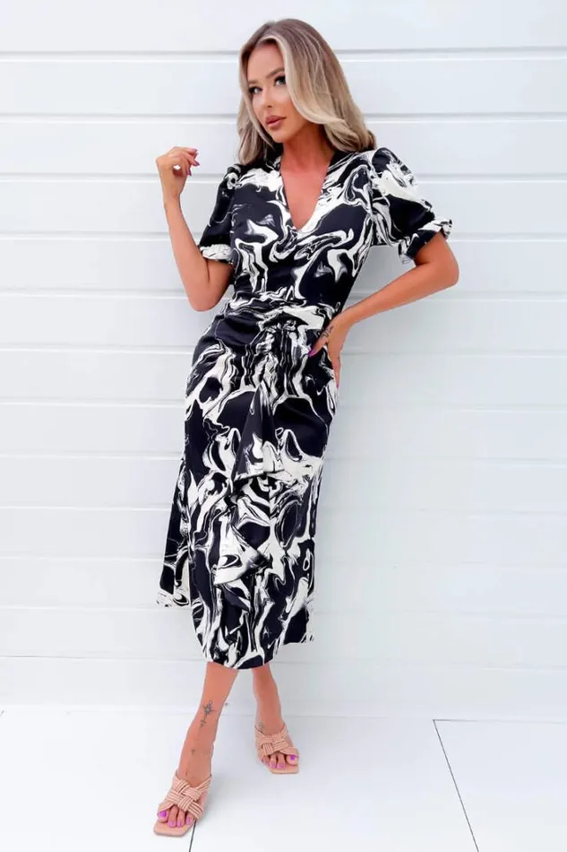 AX Paris Black And Cream Printed Frill Front Midi Dress Dresses