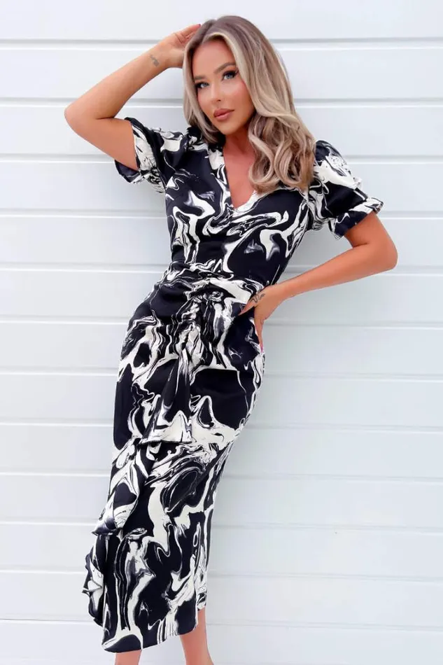 AX Paris Black And Cream Printed Frill Front Midi Dress Dresses