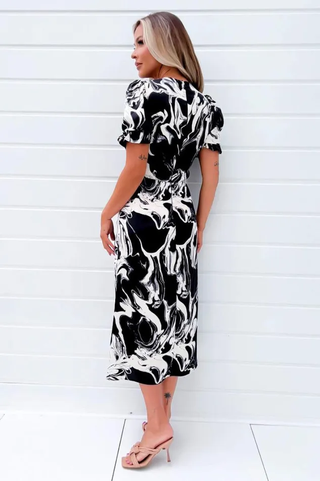 AX Paris Black And Cream Printed Frill Front Midi Dress Dresses