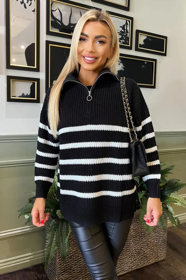 AX Paris Black And Cream Zip Front Striped Knitted Jumper Knitwear