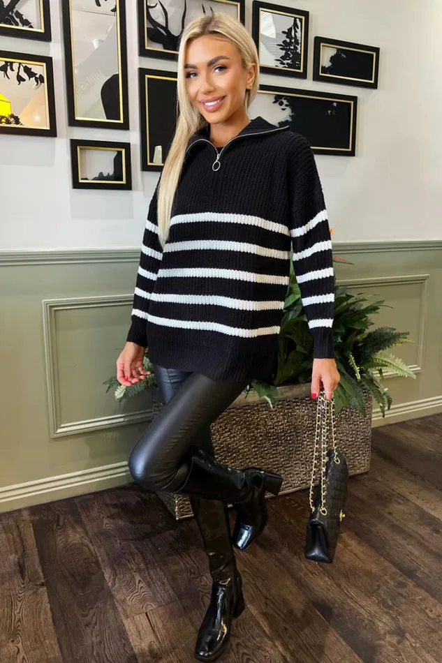 AX Paris Black And Cream Zip Front Striped Knitted Jumper Knitwear