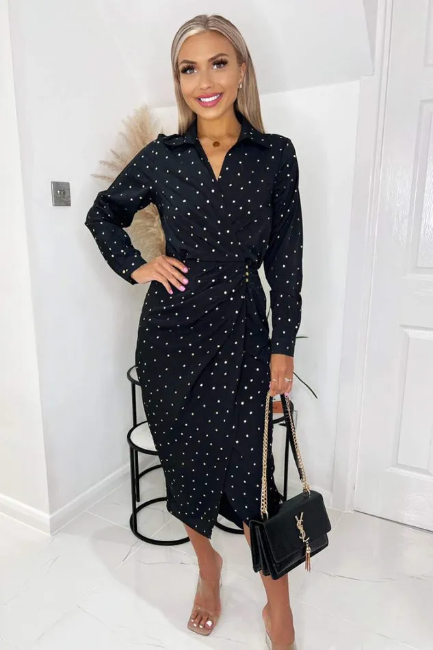 AX Paris Black And Gold Polka Dot Gathered Midi Dress Dresses