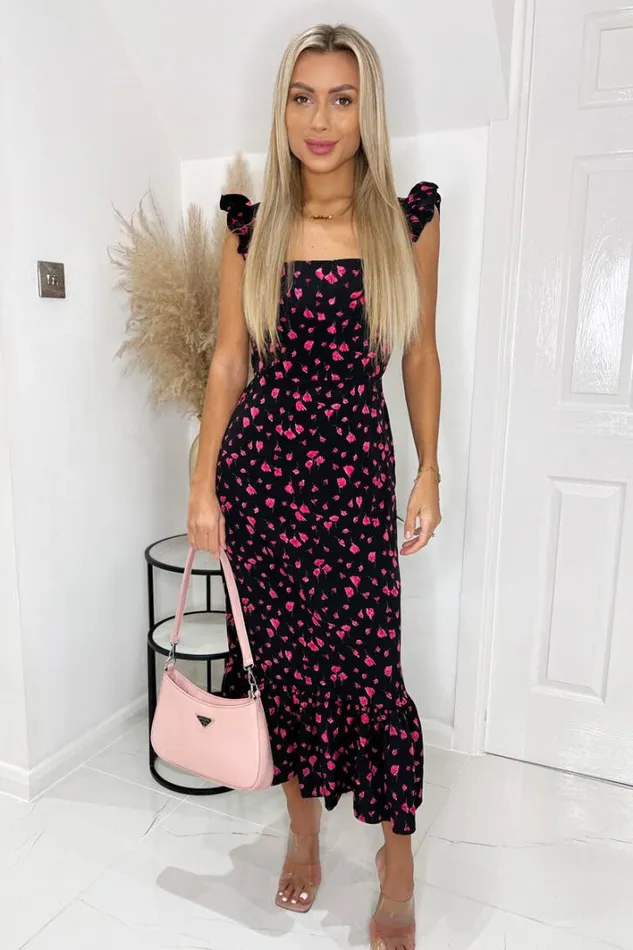 AX Paris Black And Pink Floral Printed Frill Strap Midi Dress Dresses