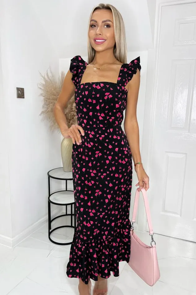 AX Paris Black And Pink Floral Printed Frill Strap Midi Dress Dresses