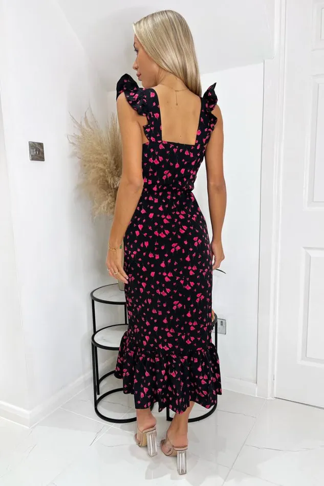 AX Paris Black And Pink Floral Printed Frill Strap Midi Dress Dresses