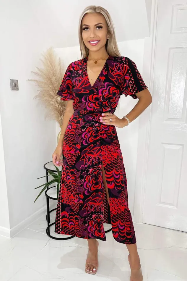 AX Paris Black And Pink Printed Bell Sleeve Ruched Midi Dress Dresses