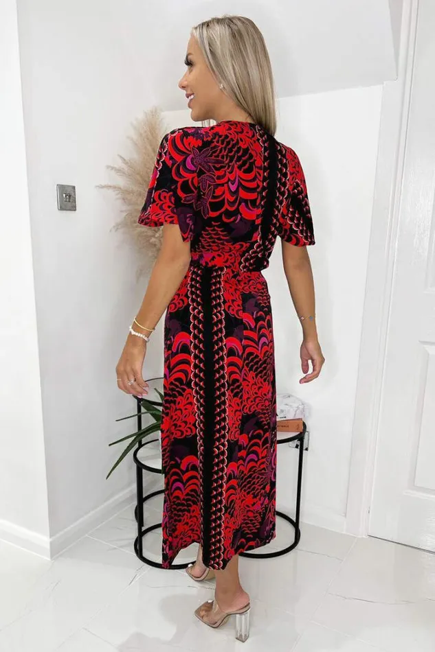 AX Paris Black And Pink Printed Bell Sleeve Ruched Midi Dress Dresses