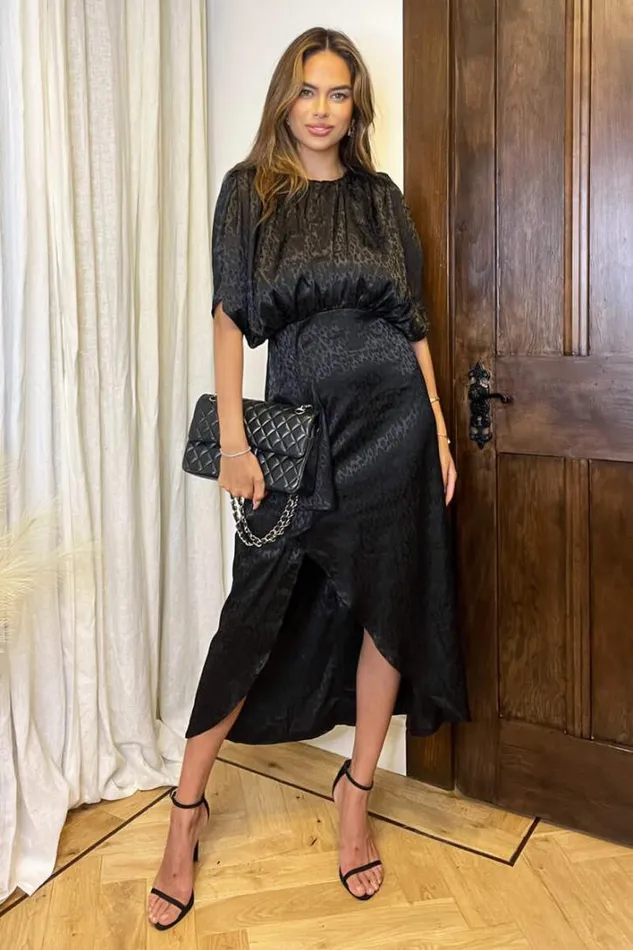 AX Paris Black Animal Print Batwing Gathered Top Midi Dress Dresses