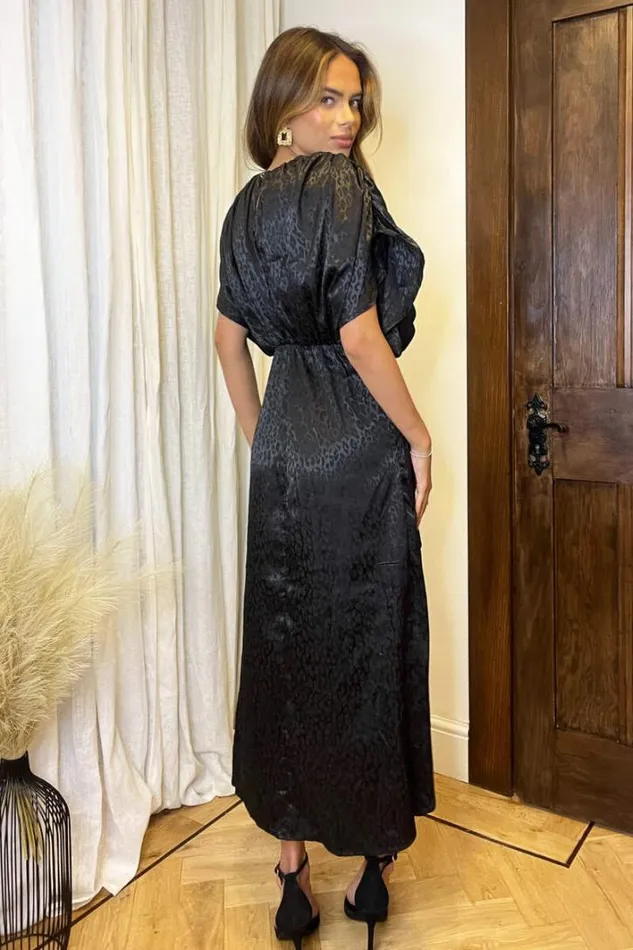 AX Paris Black Animal Print Batwing Gathered Top Midi Dress Dresses