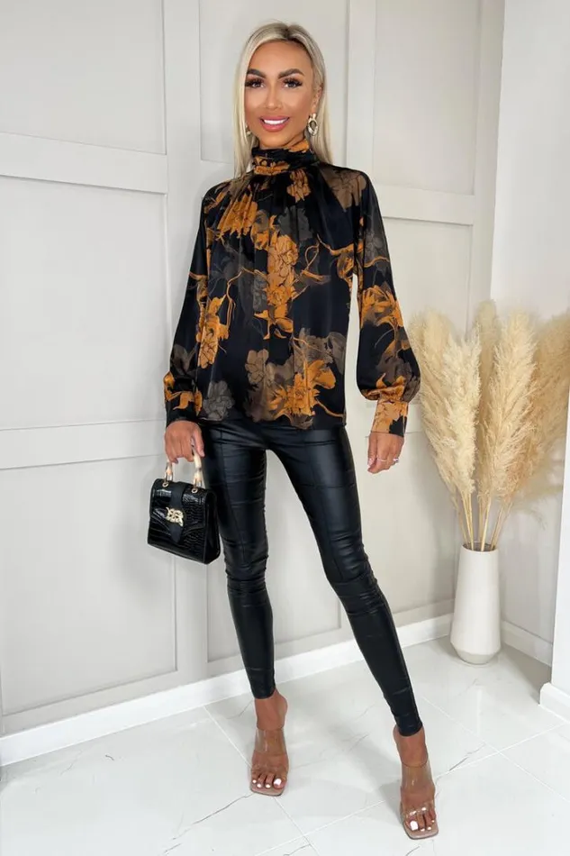 AX Paris Black Floral Pleated High Neck Top Tops