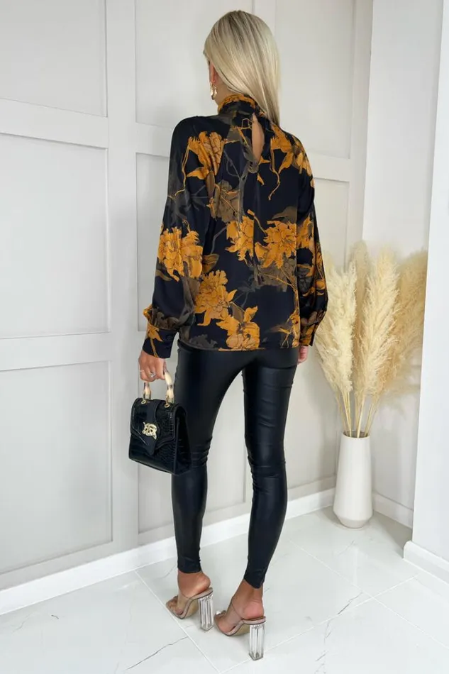 AX Paris Black Floral Pleated High Neck Top Tops