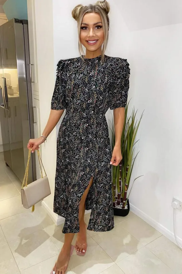 AX Paris Black Floral Pleated Puff Sleeve Midi Dress Midi Dresses