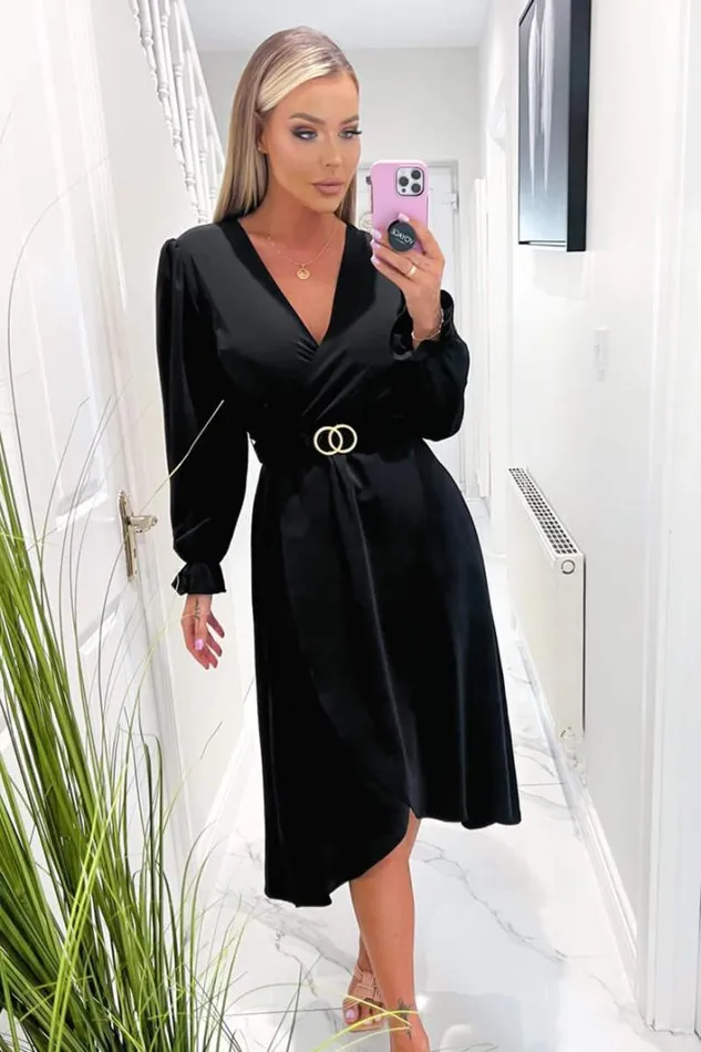 AX Paris Black Long Sleeve Belted Midi Dress Dresses