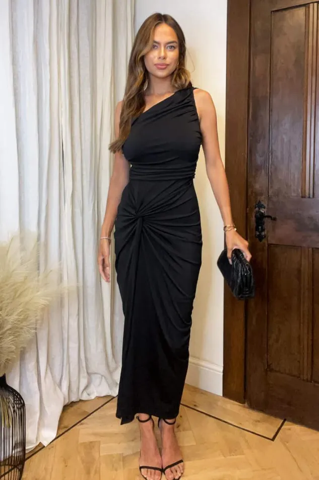 AX Paris Black One Shoulder Knot Skirt Midi Dress Dresses