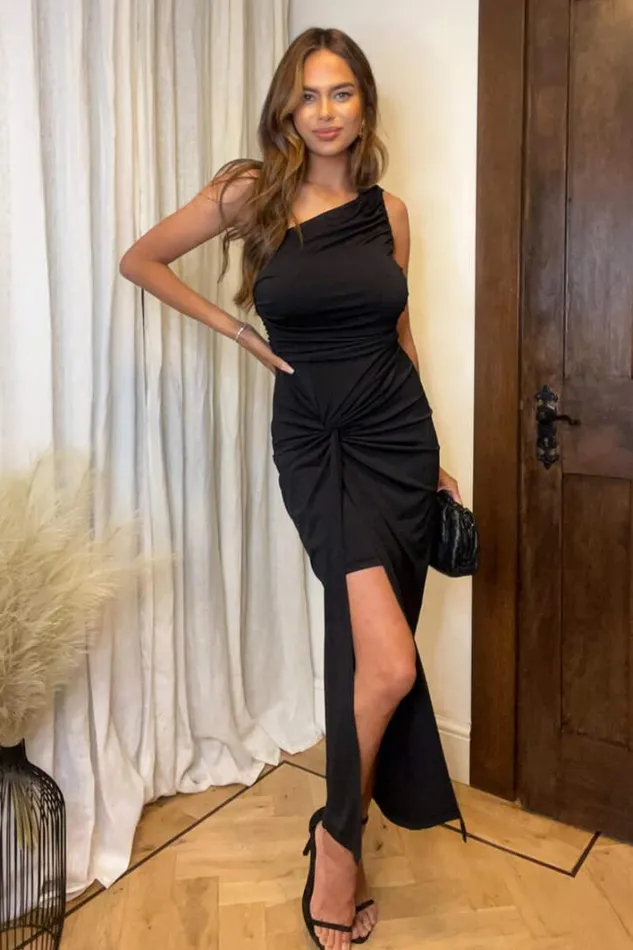 AX Paris Black One Shoulder Knot Skirt Midi Dress Dresses