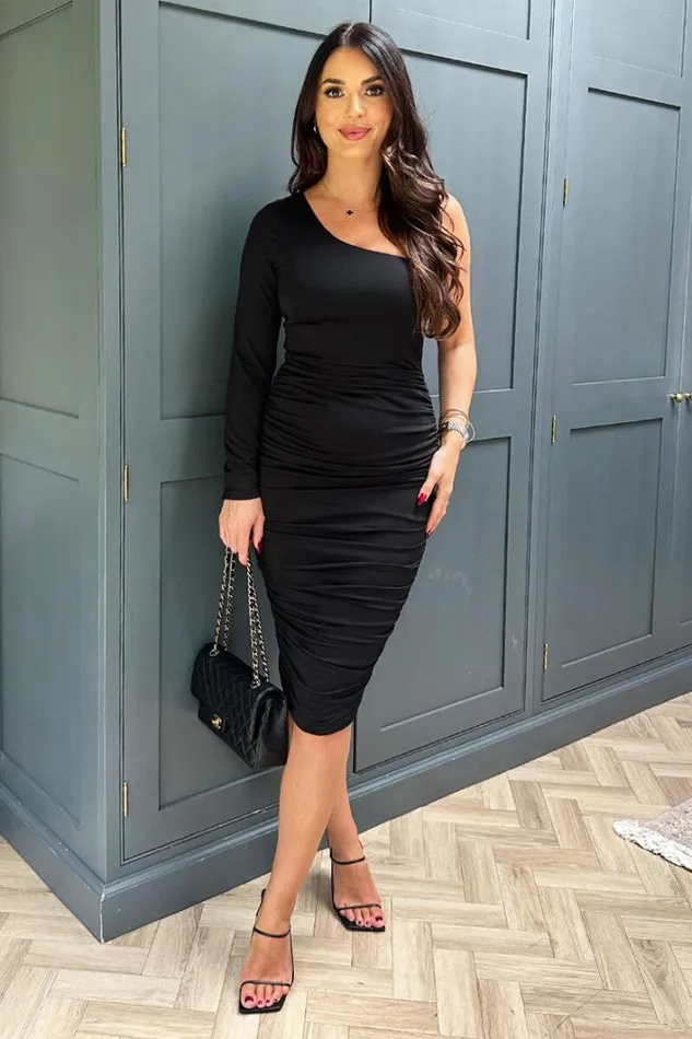 AX Paris Black One Sleeve Ruched Bodycon Midi Dress Dresses