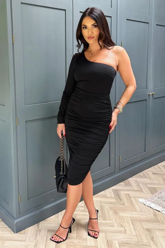 AX Paris Black One Sleeve Ruched Bodycon Midi Dress Dresses