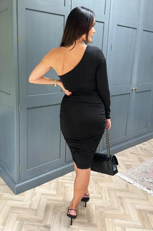 AX Paris Black One Sleeve Ruched Bodycon Midi Dress Dresses