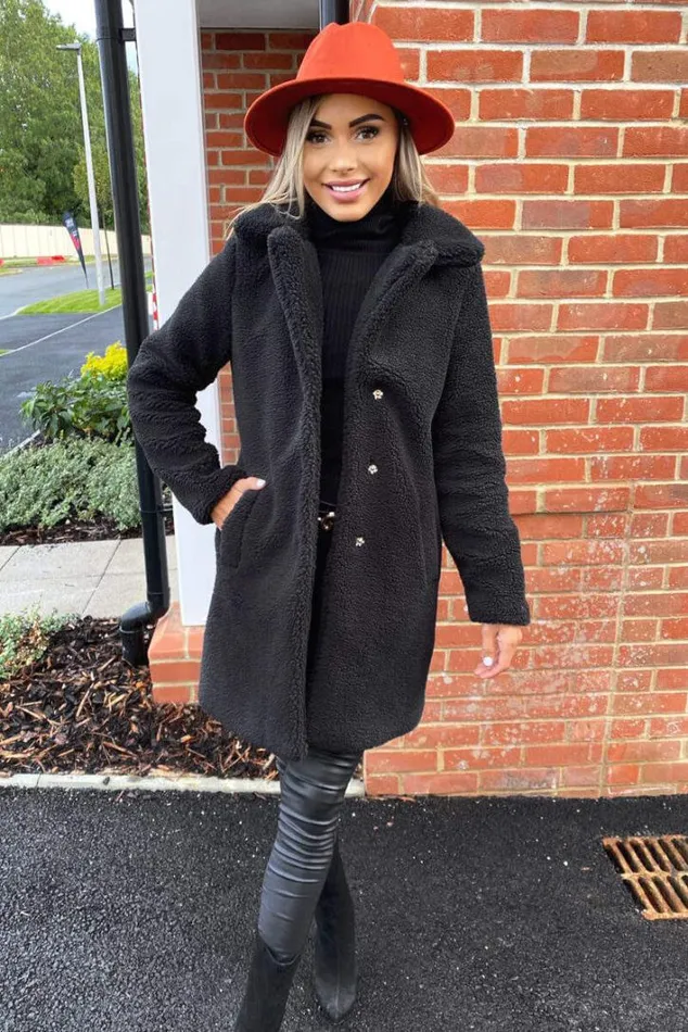 AX Paris Black Teddy Faux Fur Coat With Collar Coats and Jackets