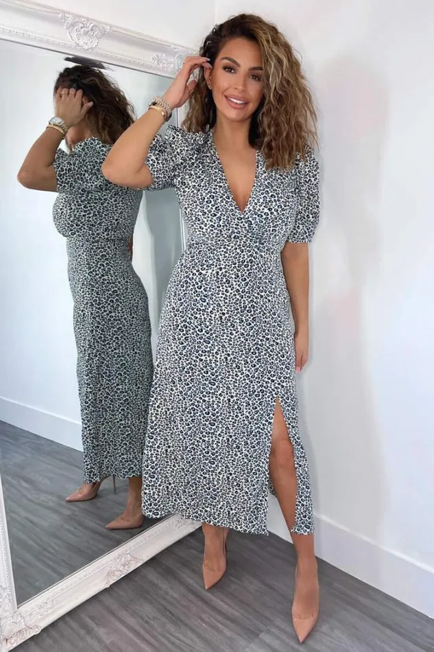 AX Paris Blue Animal Print Pleated Sleeve Midi Dress Dresses