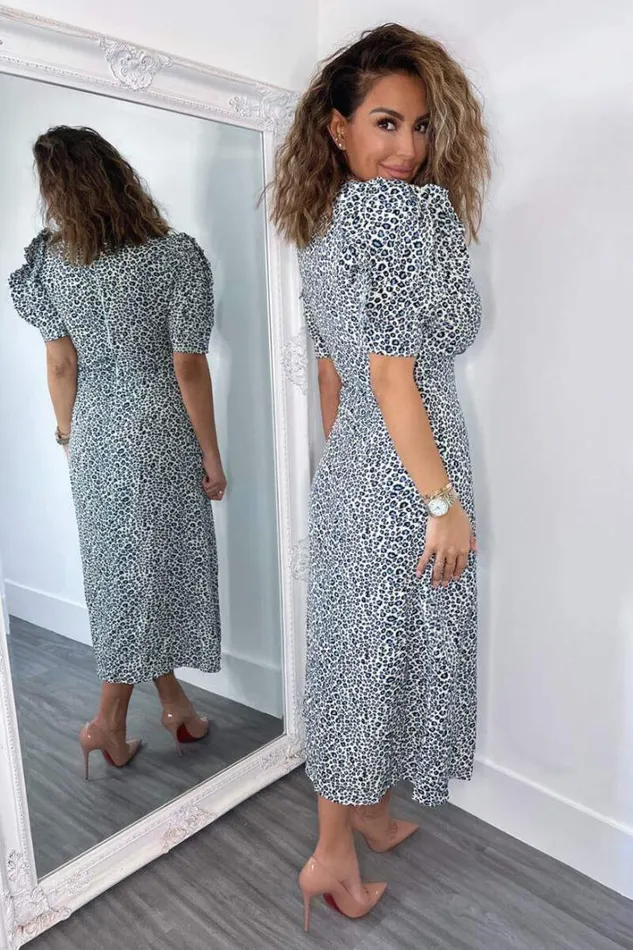 AX Paris Blue Animal Print Pleated Sleeve Midi Dress Dresses