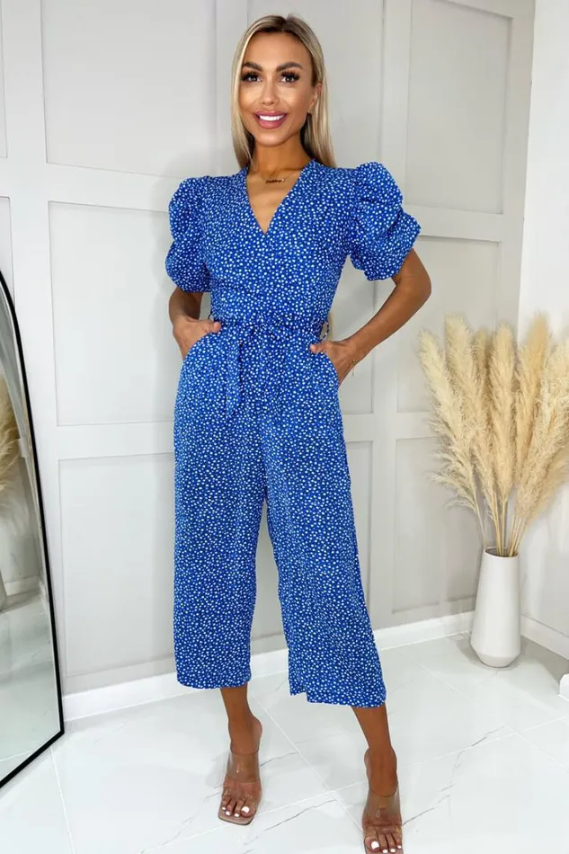AX Paris Blue Printed Puff Sleeve Wrap Top Belted Jumpsuit Jumpsuits And Playsuits