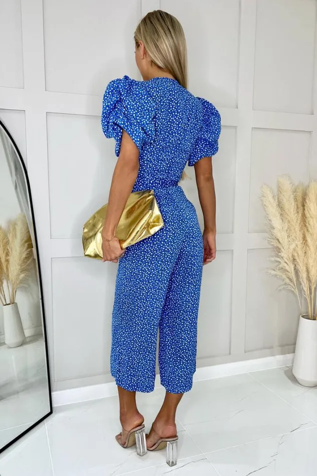 AX Paris Blue Printed Puff Sleeve Wrap Top Belted Jumpsuit Jumpsuits And Playsuits