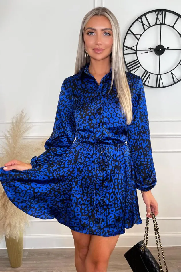 AX Paris Cobalt Animal Print Long Sleeve Tie Waist Collared Skater Dress Dresses
