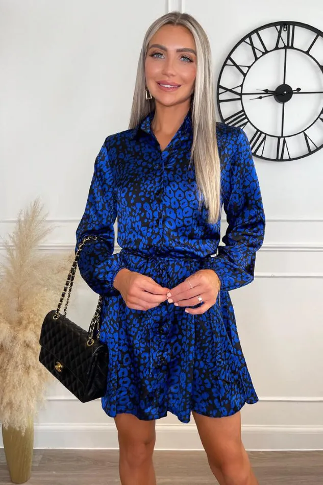 AX Paris Cobalt Animal Print Long Sleeve Tie Waist Collared Skater Dress Dresses