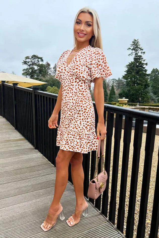 AX Paris Cream And Brown Printed Short Sleeve V Neck Mini Dress Dresses