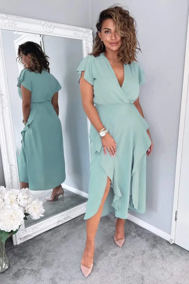AX Paris Duck Egg Frill Detail Double Split Skirt Midi Dress Dresses