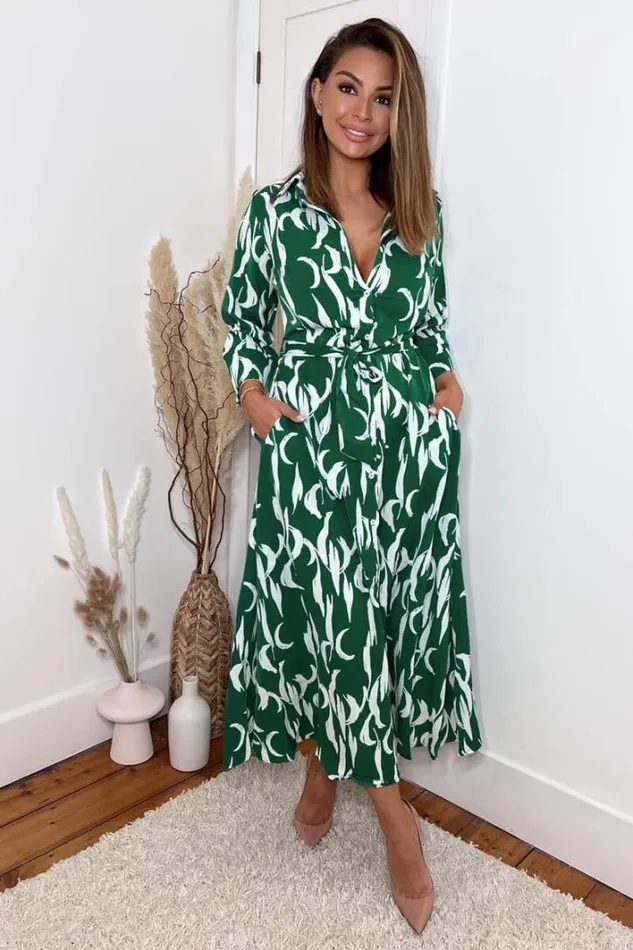 AX Paris Green And White Printed Button Up Long Sleeve Midi Dress Dresses