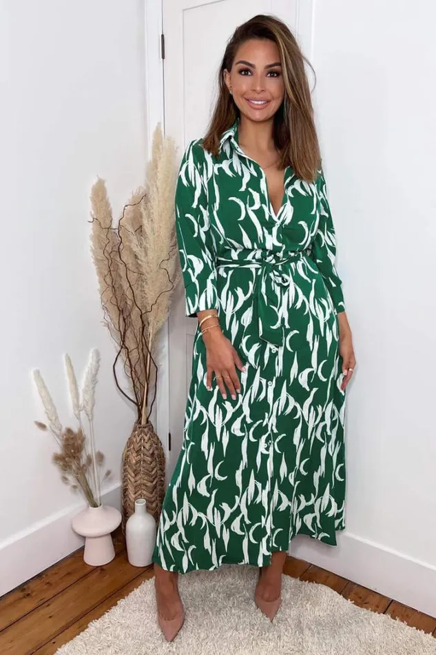 AX Paris Green And White Printed Button Up Long Sleeve Midi Dress Dresses