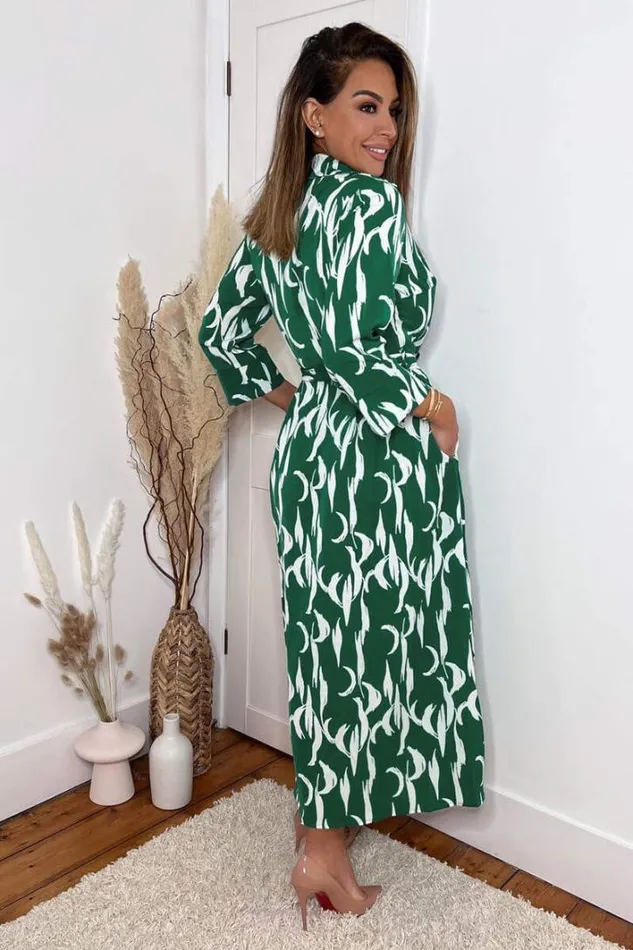 AX Paris Green And White Printed Button Up Long Sleeve Midi Dress Dresses