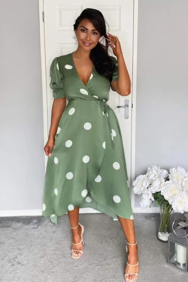 AX Paris Green Dot Print Wrap Over Midi Dress Wedding Guest Dresses