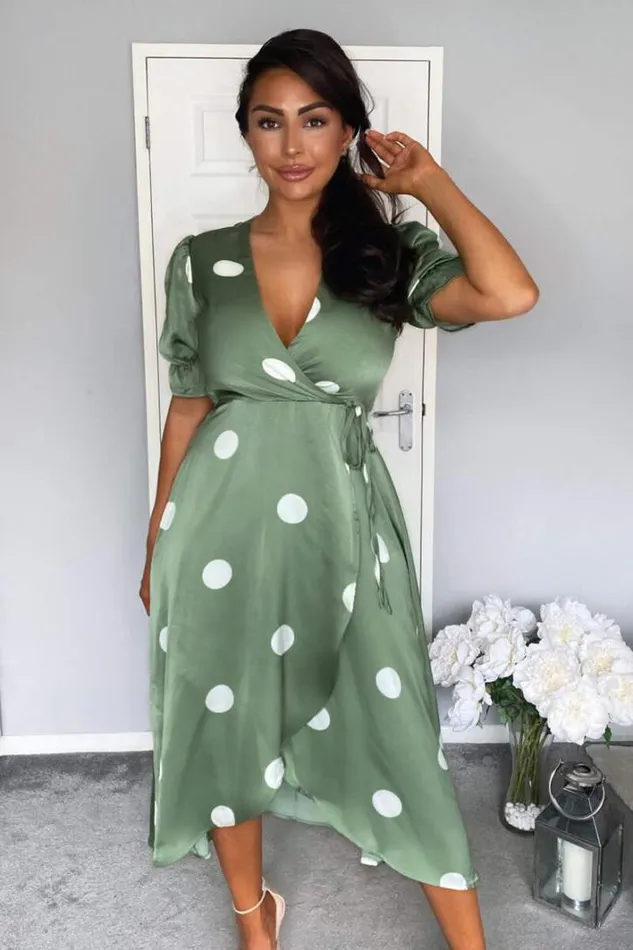 AX Paris Green Dot Print Wrap Over Midi Dress Wedding Guest Dresses