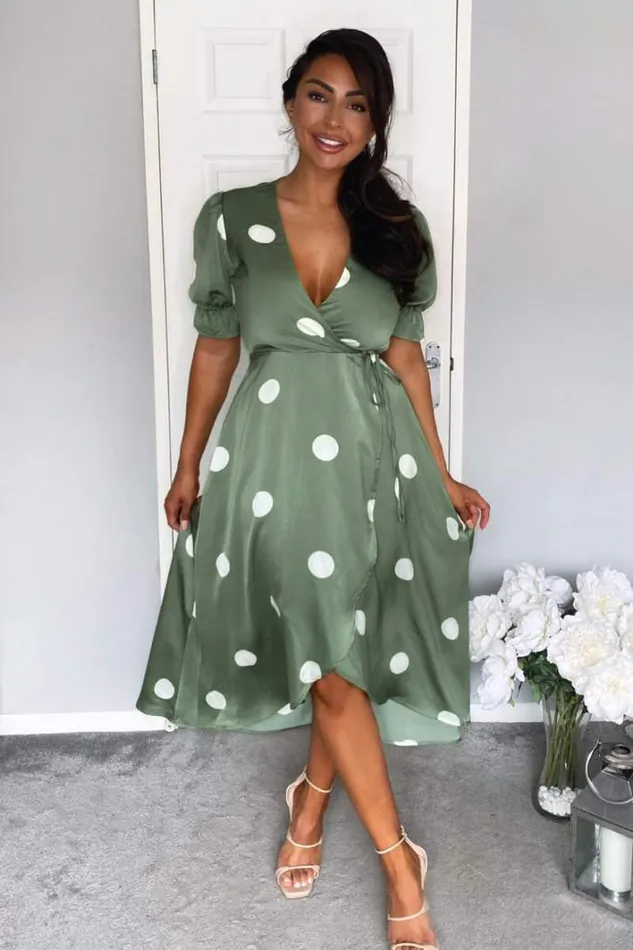 AX Paris Green Dot Print Wrap Over Midi Dress Wedding Guest Dresses
