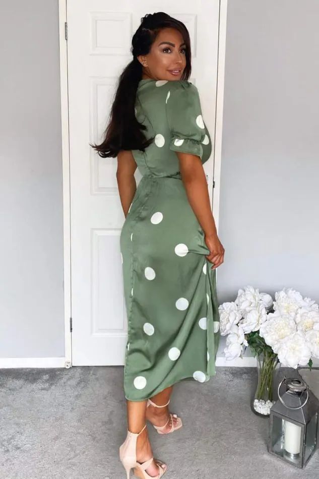AX Paris Green Dot Print Wrap Over Midi Dress Wedding Guest Dresses
